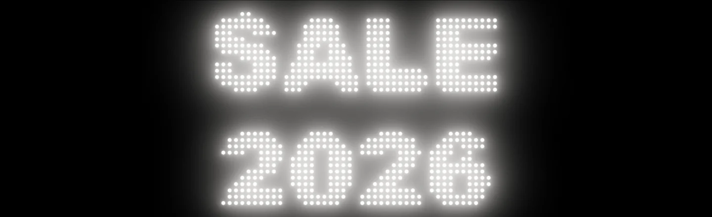 最初から光っている状態。黒い背景に、白く光る玉でSALEと2026の2行が描かれている